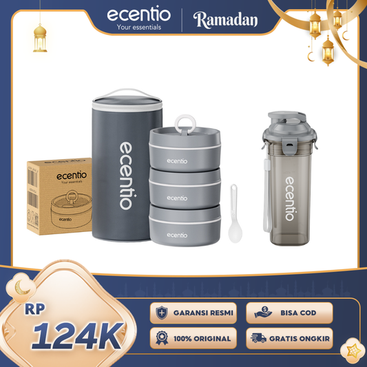 ecentio Ramadhan Bekal & Drink Gift Set — Lunch Box Stainless 3pcs + Tas Makan + Botol Minum 1000ml + Tumbler Mobil 900ml