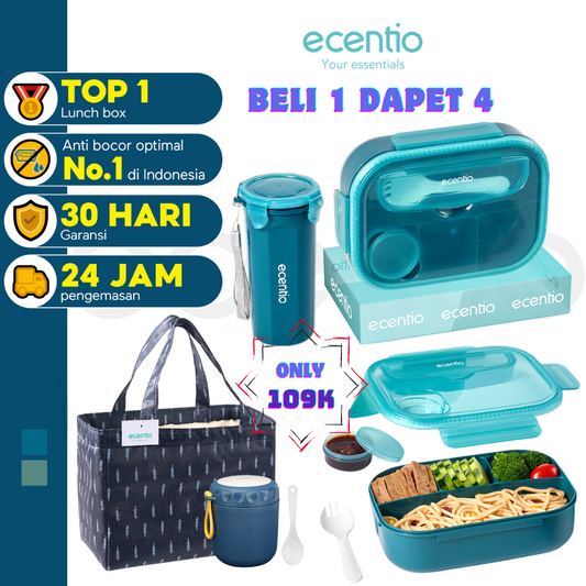 【Buy 1 Get 4】ecentio kotak bekal anti tumpah kotak tempat bekal 1200ml+500ml free sendok kotak saus BPA FREE