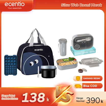 【Buy 1 Get 5】ecentio Fresh Bekal & Drink Set — Lunch Box 4 Sekat + Botol + Tas Bekal + Soup pot 304 stainless steel + Ice Tray 32 Grid