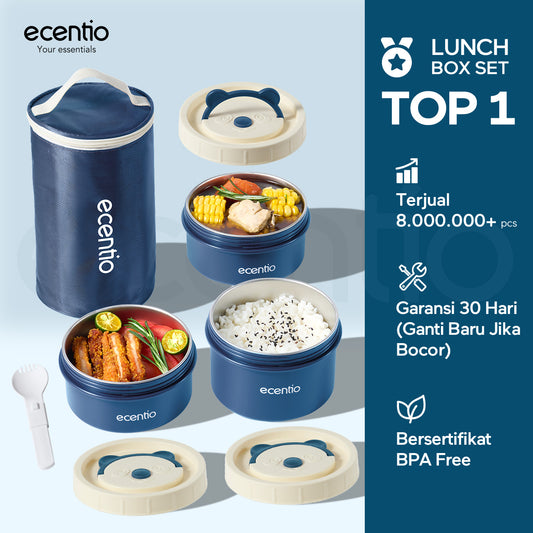 ecentio lunch box tas set 3pcs Biru Makan anti tumpah 304 Stainless Steel tas bekal dan free sumpit