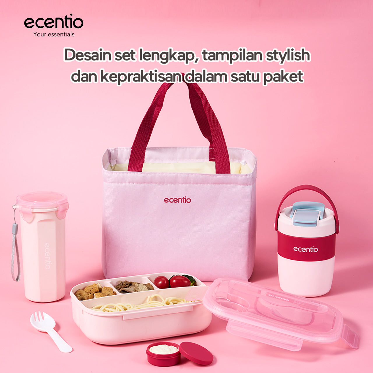 ecentio Lunch Box Anti Tumpah 1200ML + Botol Minum 500ML BPA Free Tempat Bekal Makan Anak Sekolah Kotak Makan Plastik Free Sendok & Kotak Saus Lunch Box Sekat Kedap Bocor Bekal Kerja