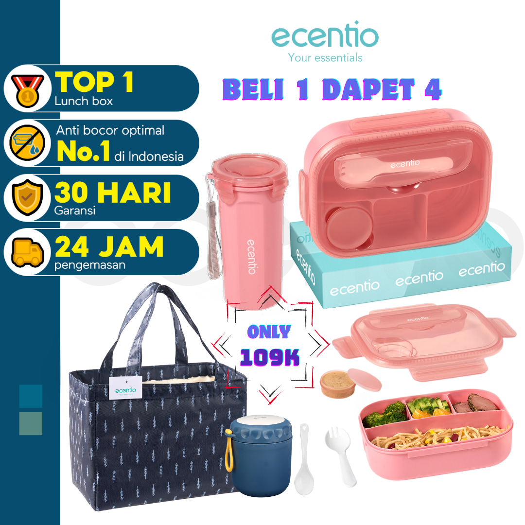 【Buy 1 Get 4】ecentio kotak bekal anti tumpah kotak tempat bekal 1200ml+500ml free sendok kotak saus BPA FREE