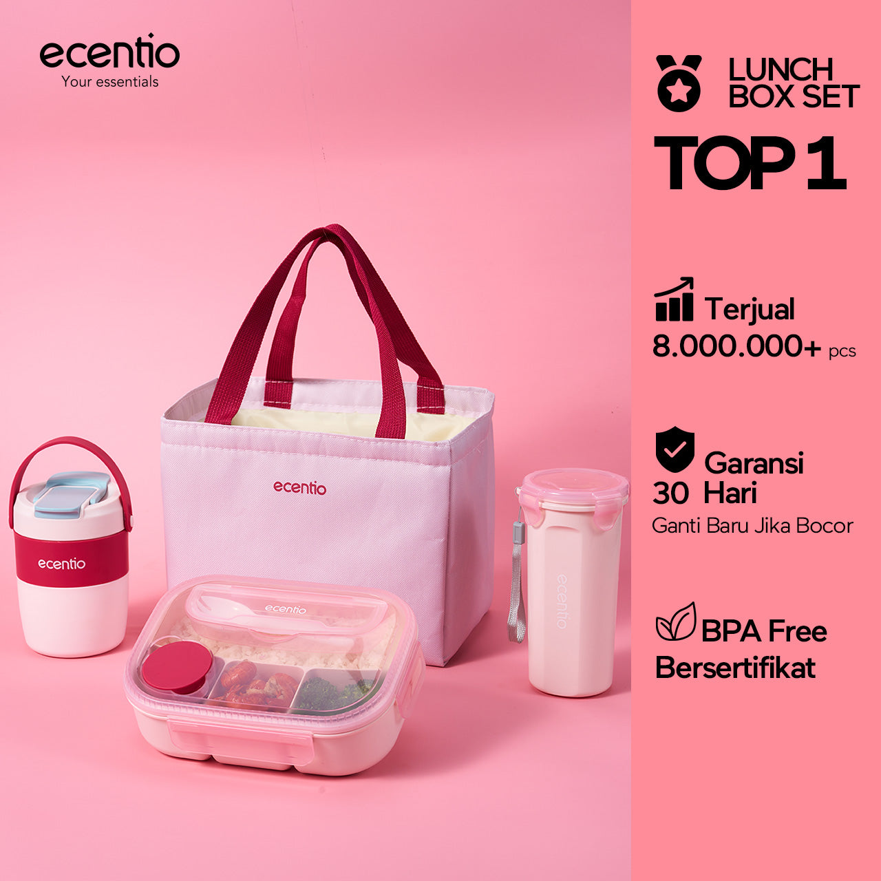 ecentio Lunch Box Anti Tumpah 1200ML + Botol Minum 500ML BPA Free Tempat Bekal Makan Anak Sekolah Kotak Makan Plastik Free Sendok & Kotak Saus Lunch Box Sekat Kedap Bocor Bekal Kerja