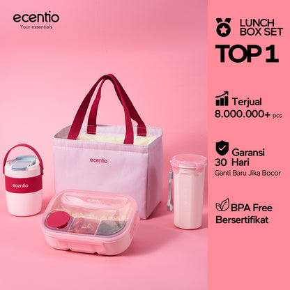 ecentio Lunch Box Anti Tumpah 1200ML + Botol Minum 500ML BPA Free Tempat Bekal Makan Anak Sekolah Kotak Makan Plastik Free Sendok & Kotak Saus Lunch Box Sekat Kedap Bocor Bekal Kerja