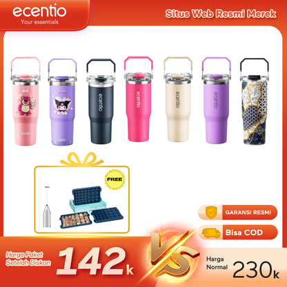 【Buy 1 get 3】ecentio Tumbler Minum 900ml Stainless Steel | Anti Bocor, Premium & Tahan Panas Dingin Free gift: Mixer Stick dry battery (Silver)  and Ice Tray 32 Grid