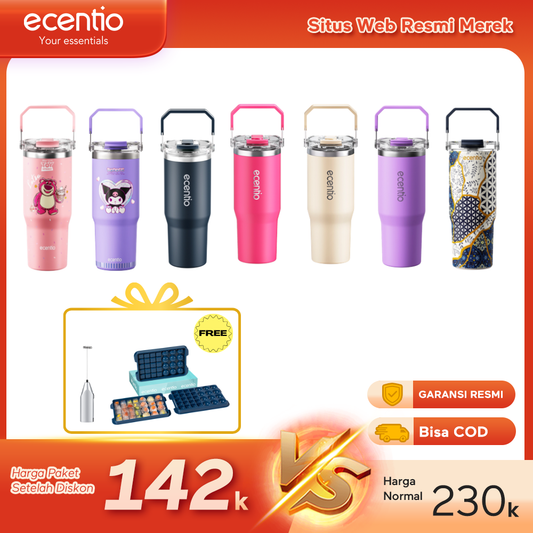 【Buy 1 get 3】ecentio Tumbler Minum 900ml Stainless Steel | Anti Bocor, Premium & Tahan Panas Dingin Free gift: Mixer Stick dry battery (Silver)  and Ice Tray 32 Grid