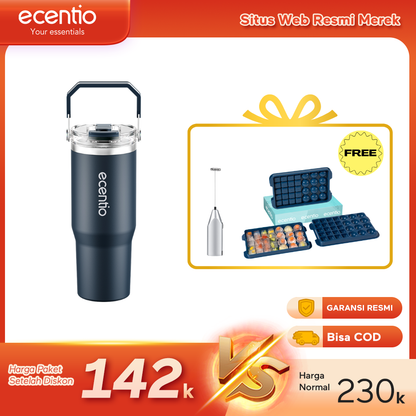 【Buy 1 get 3】ecentio Tumbler Minum 900ml Stainless Steel | Anti Bocor, Premium & Tahan Panas Dingin Free gift: Mixer Stick dry battery (Silver)  and Ice Tray 32 Grid