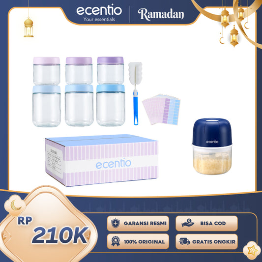 ecentio Ramadhan Kitchen Gift Set — Wadah Kaca 6pcs × Chopper Bawang × Label Morandi