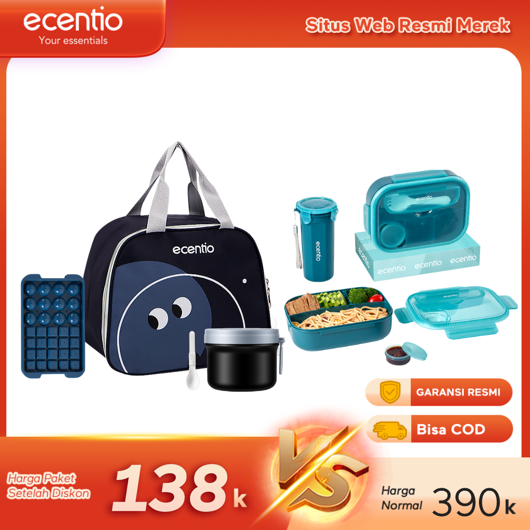 【Buy 1 Get 5】ecentio Fresh Bekal & Drink Set — Lunch Box 4 Sekat + Botol + Tas Bekal + Soup pot 304 stainless steel + Ice Tray 32 Grid