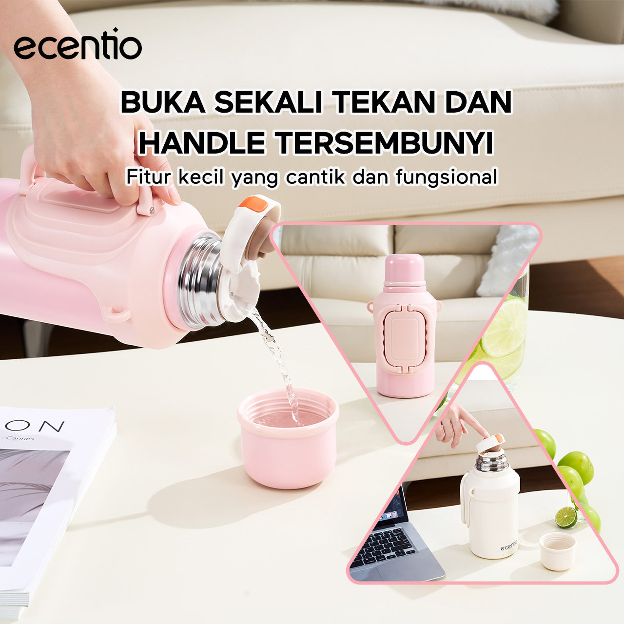 ecentio Termos Air Panas 316 Stainless Steel 1000ml Buka Sekali Tekan Tutup Kedap Udara Bisa Jadi Gelas Sharing Tahan Panas 11 Jam Dingin 24 Jam Desain Aesthetic Portabel Tahan Lama Cocok untuk Camping