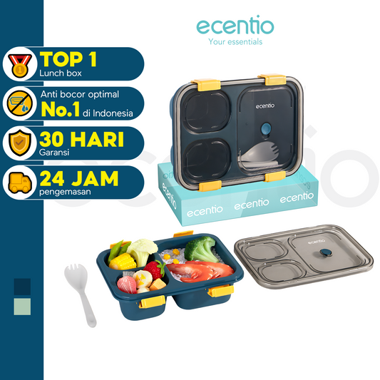 ecentio lunch box kotak bekal makan 3grids anti tumpah 850ML