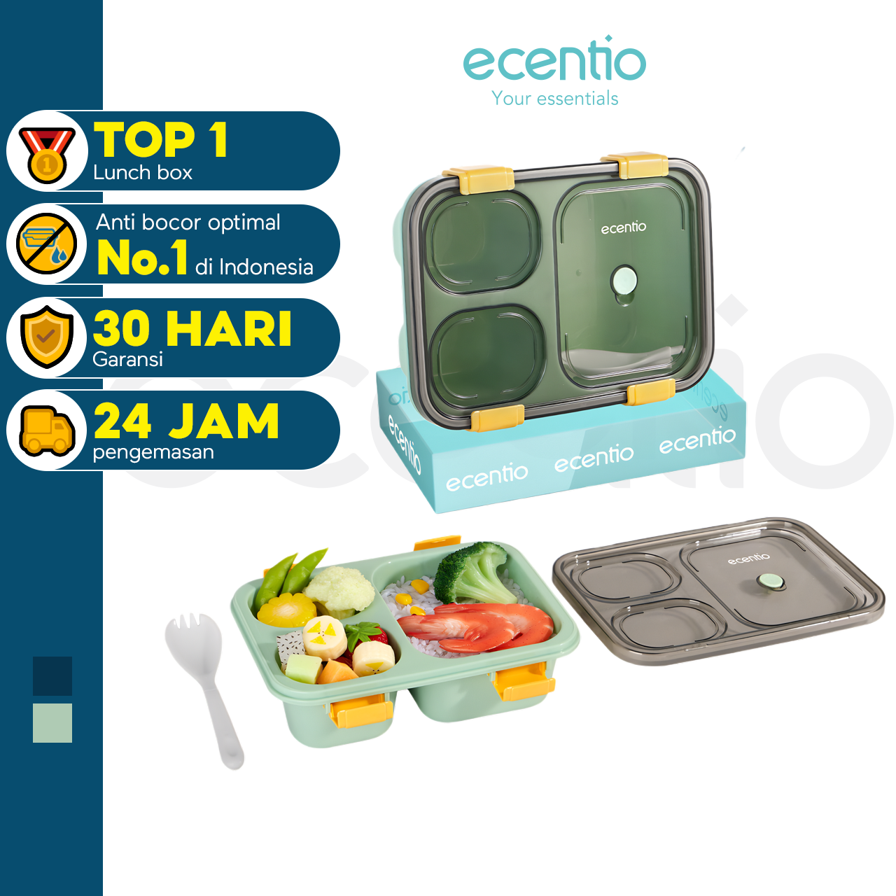 ecentio lunch box kotak bekal makan 3grids anti tumpah 850ML