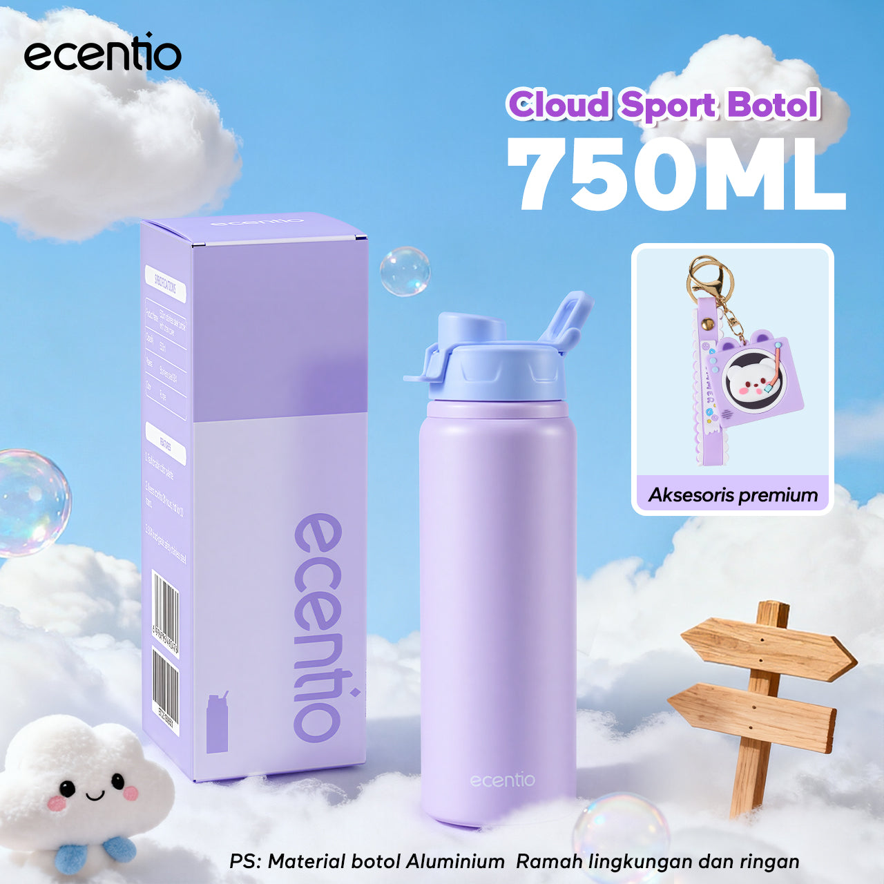 [Soft Cloud Series] ecentio tumbler Stainless protable 750ml/550ml outdoor sport lari Portable Tetap dingin selama 24 JAM Thermos Botol minum besar