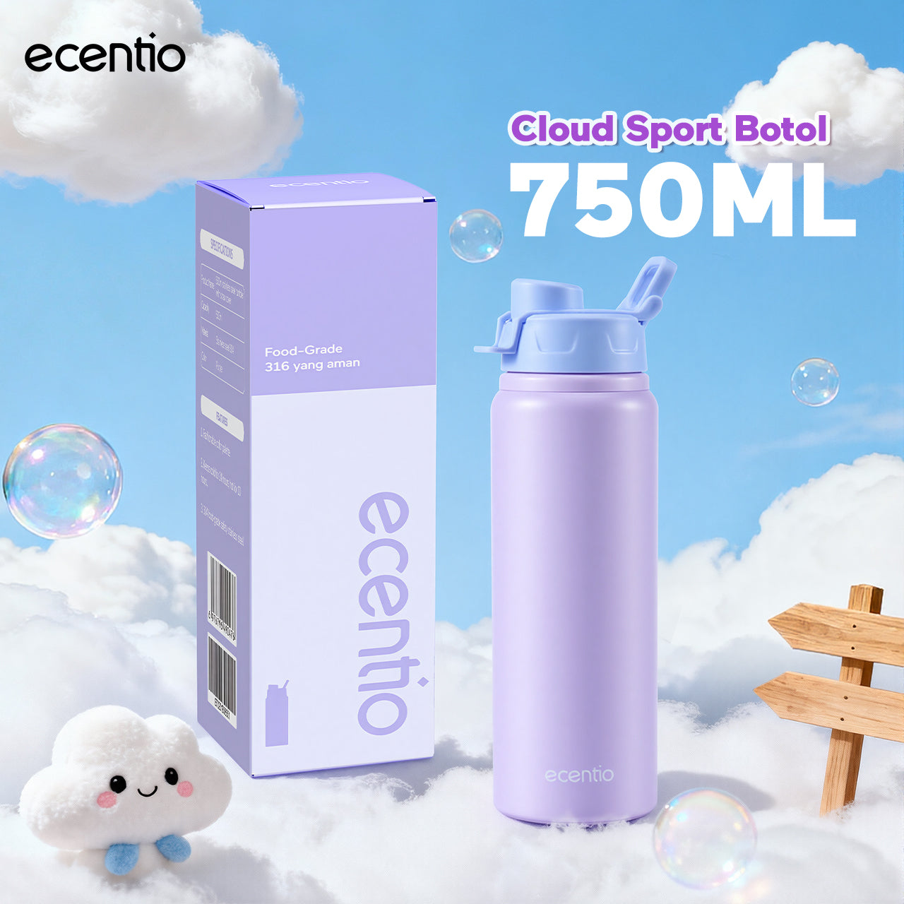 [Soft Cloud Series] ecentio tumbler Stainless protable 750ml/550ml outdoor sport lari Portable Tetap dingin selama 24 JAM Thermos Botol minum besar
