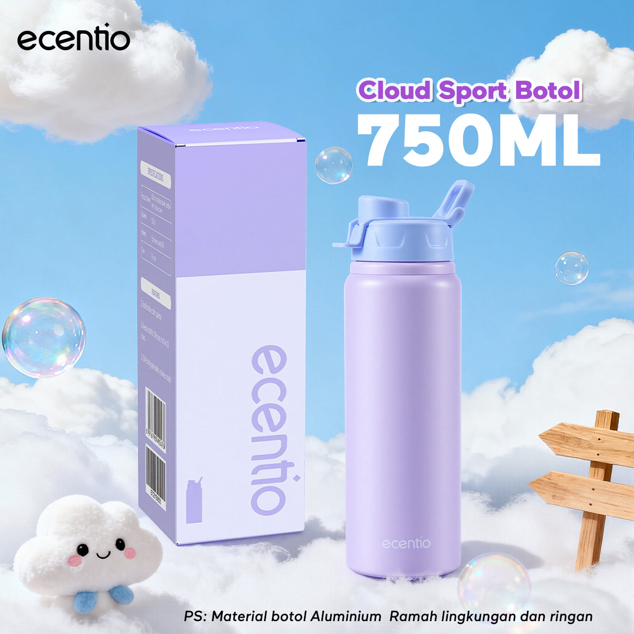 [Soft Cloud Series] ecentio tumbler Stainless protable 750ml/550ml outdoor sport lari Portable Tetap dingin selama 24 JAM Thermos Botol minum besar