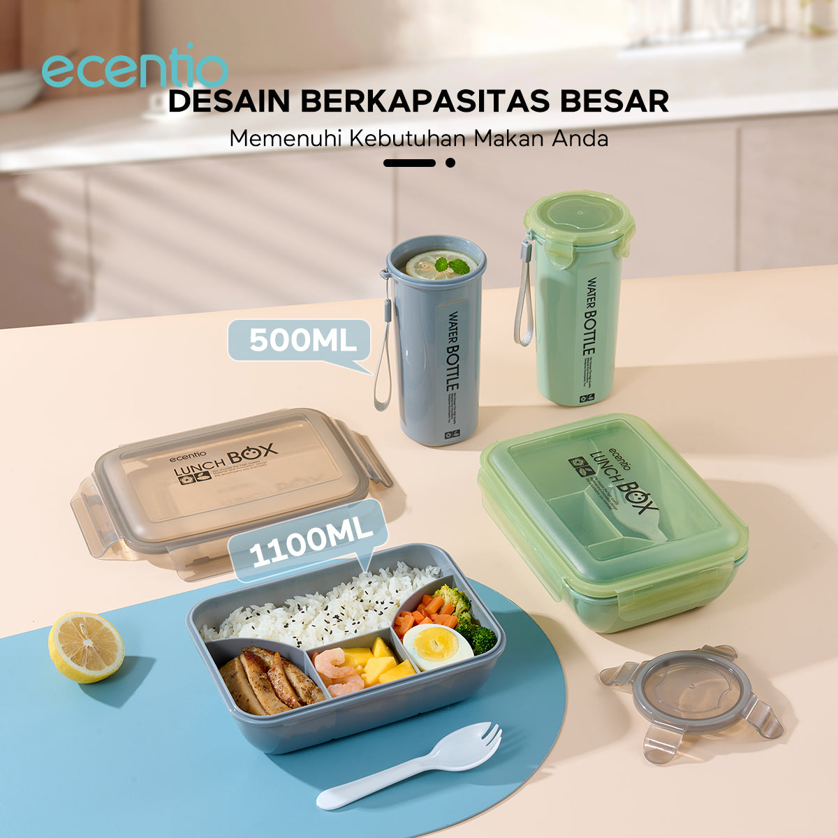 ecentio lunch box set kotak makan 2 Sekat/botol minum/tas bekal cooler bag