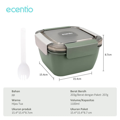 ecentio 1.1L kotak makan free sendok tas bekal 3pcs set