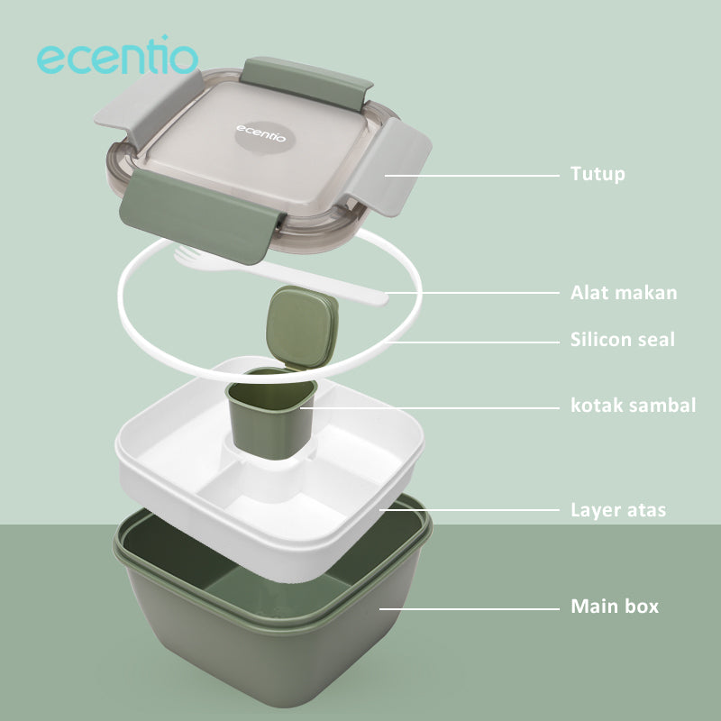 ecentio 1.1L kotak makan free sendok tas bekal 3pcs set