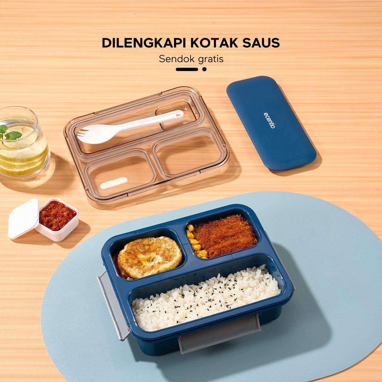 【🌟2 Pcs Set】【Anti Tumpah 2.0】ecentio lunch box 1150ml sekat 3 dengan kotak sauce BPA free tempat makan+Disney botol minum