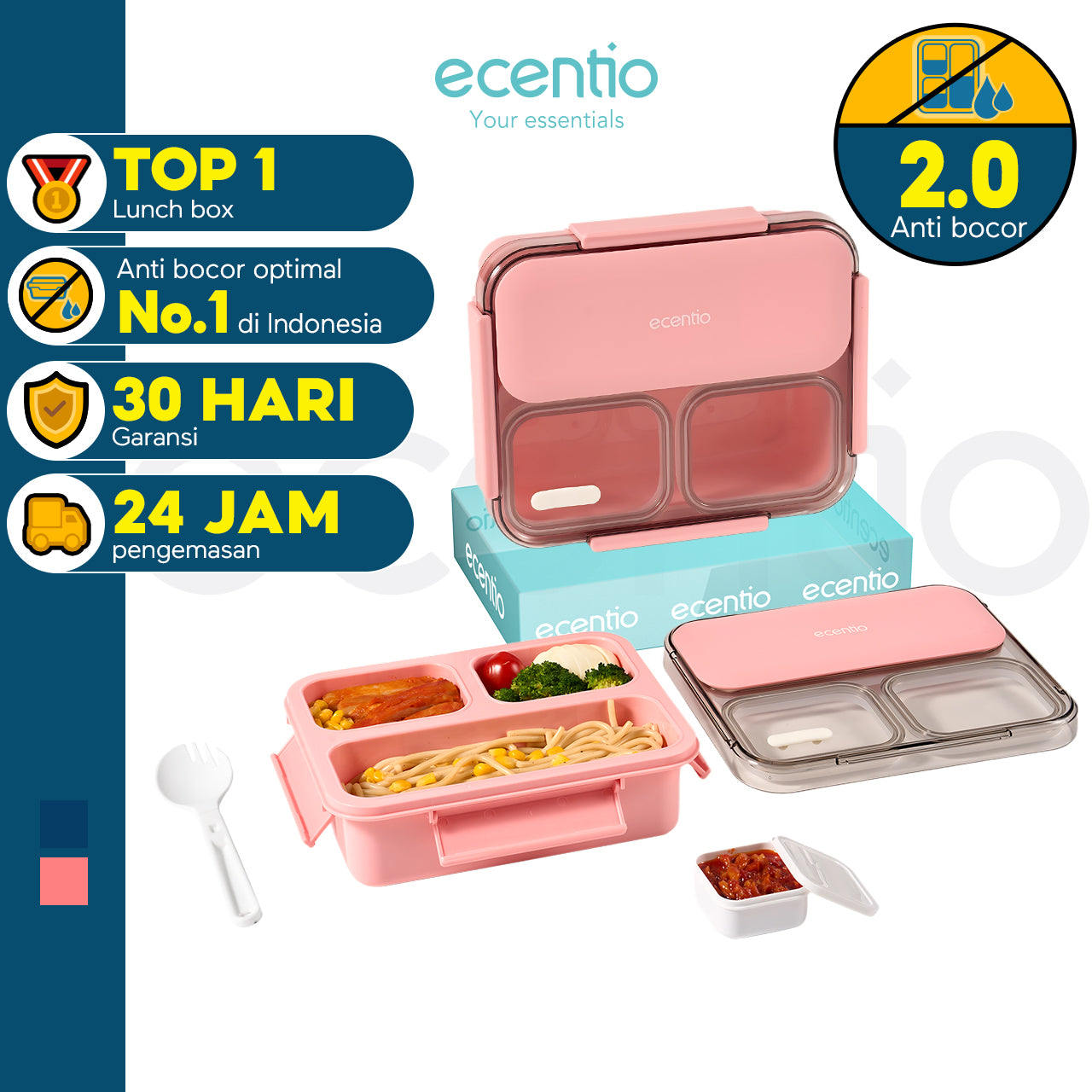 【Anti Tumpah 2.0】ecentio lunch box 1150ml sekat 3 dengan kotak sauce BPA free tempat makan