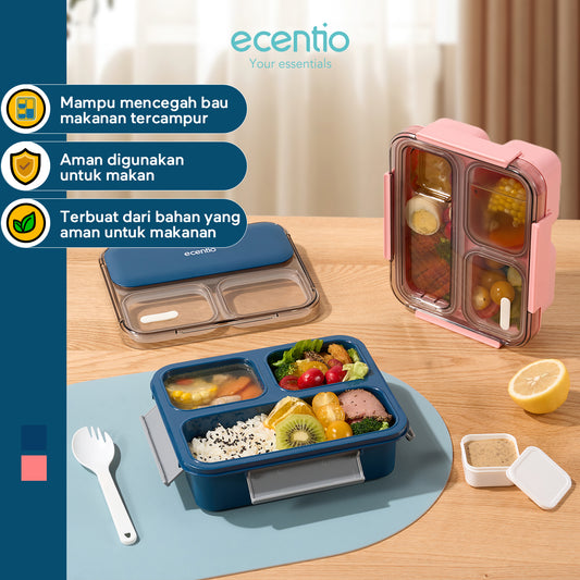 【Anti Tumpah 2.0】ecentio lunch box anti tumpah 1150ml sekat 3 dengan kotak sauce BPA free tempat makan