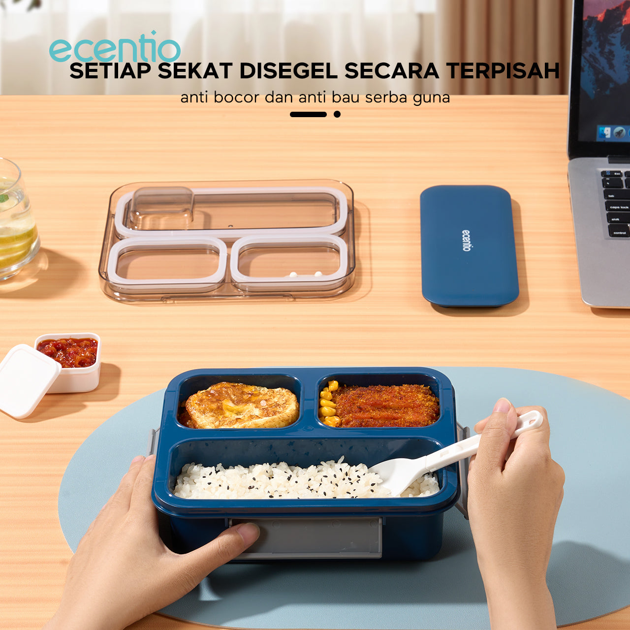 【🌟2 Pcs Set】【Anti Tumpah 2.0】ecentio lunch box 1150ml sekat 3 dengan kotak sauce BPA free tempat makan+Disney botol minum