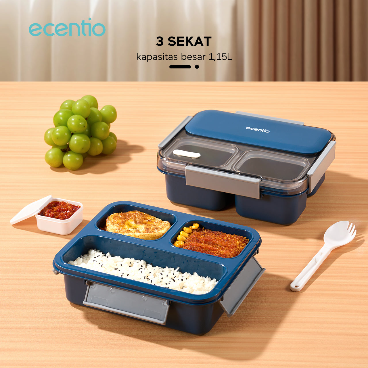 【Anti Tumpah 2.0】ecentio lunch box 1150ml sekat 3 dengan kotak sauce BPA free tempat makan