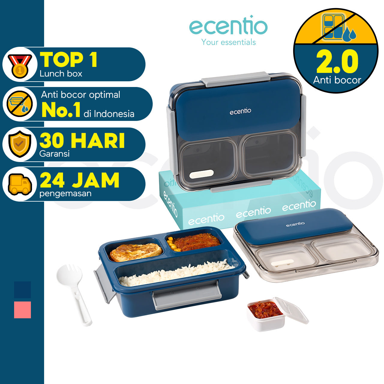 【Anti Tumpah 2.0】ecentio lunch box 1150ml sekat 3 dengan kotak sauce BPA free tempat makan