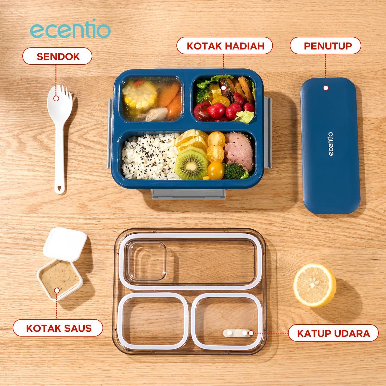 【Anti Tumpah 2.0】ecentio lunch box anti tumpah 1150ml sekat 3 dengan kotak sauce BPA free tempat makan