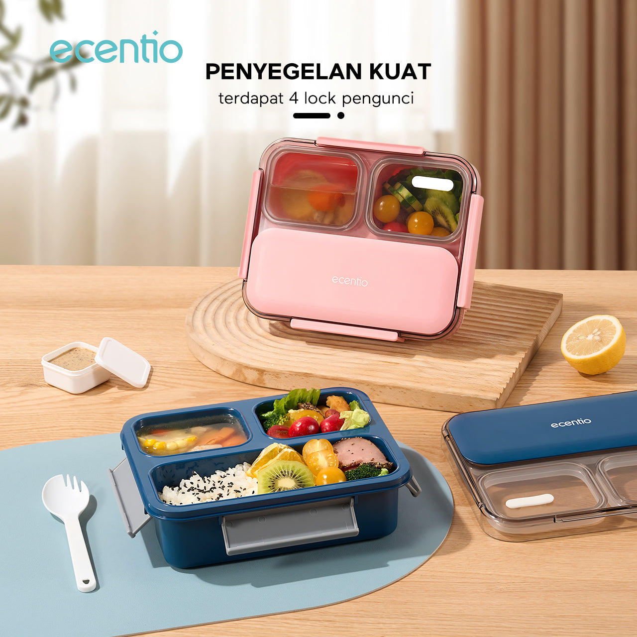 【Anti Tumpah 2.0】ecentio lunch box anti tumpah 1150ml sekat 3 dengan kotak sauce BPA free tempat makan