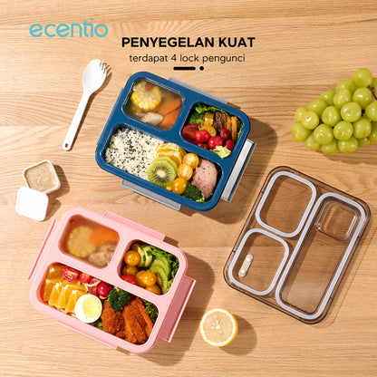 【Anti Tumpah 2.0】ecentio lunch box anti tumpah 1150ml sekat 3 dengan kotak sauce BPA free tempat makan