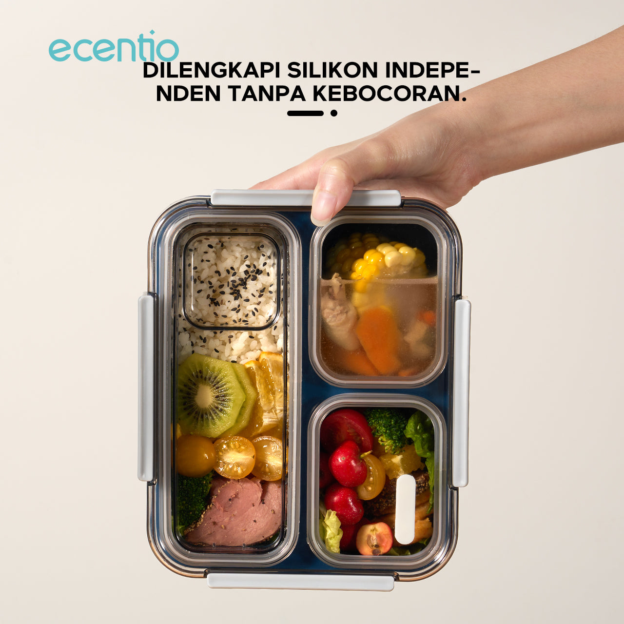 【Anti Tumpah 2.0】ecentio lunch box anti tumpah 1150ml sekat 3 dengan kotak sauce BPA free tempat makan