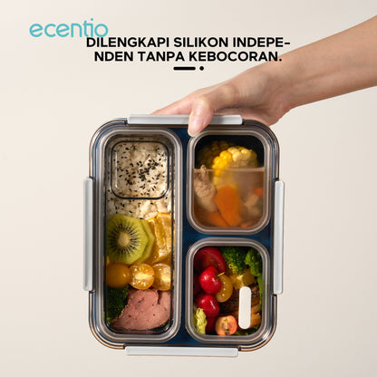 【Anti Tumpah 2.0】ecentio lunch box anti tumpah 1150ml sekat 3 dengan kotak sauce BPA free tempat makan