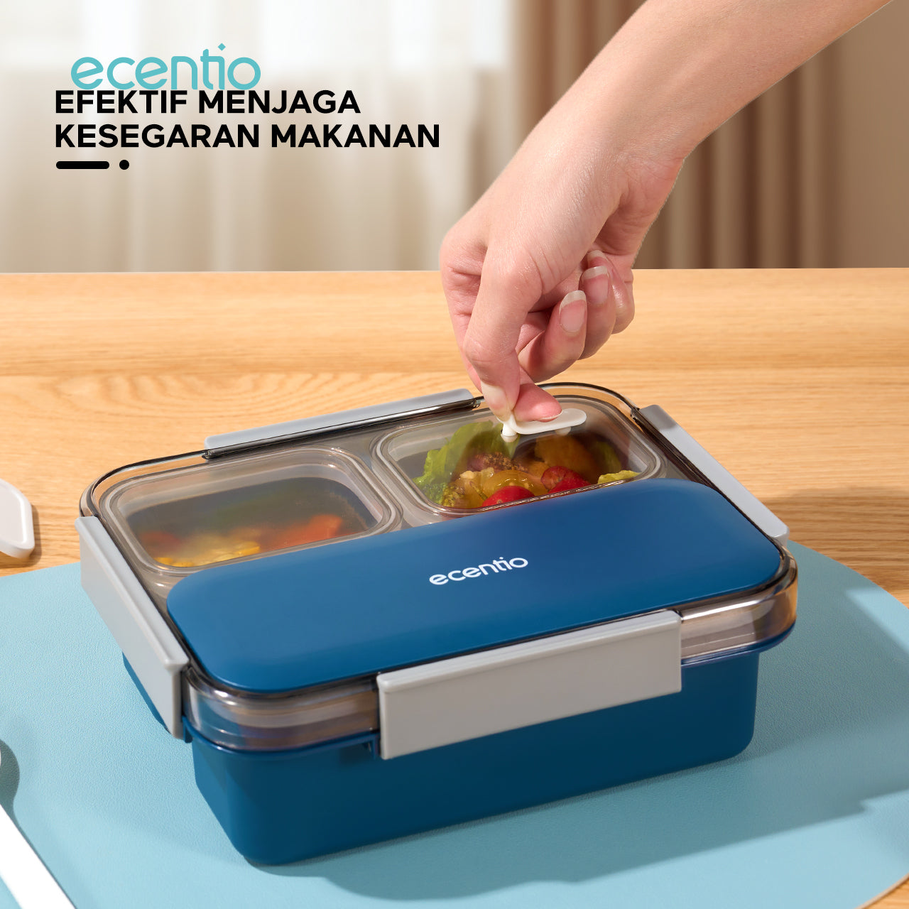 【Anti Tumpah 2.0】ecentio lunch box anti tumpah 1150ml sekat 3 dengan kotak sauce BPA free tempat makan