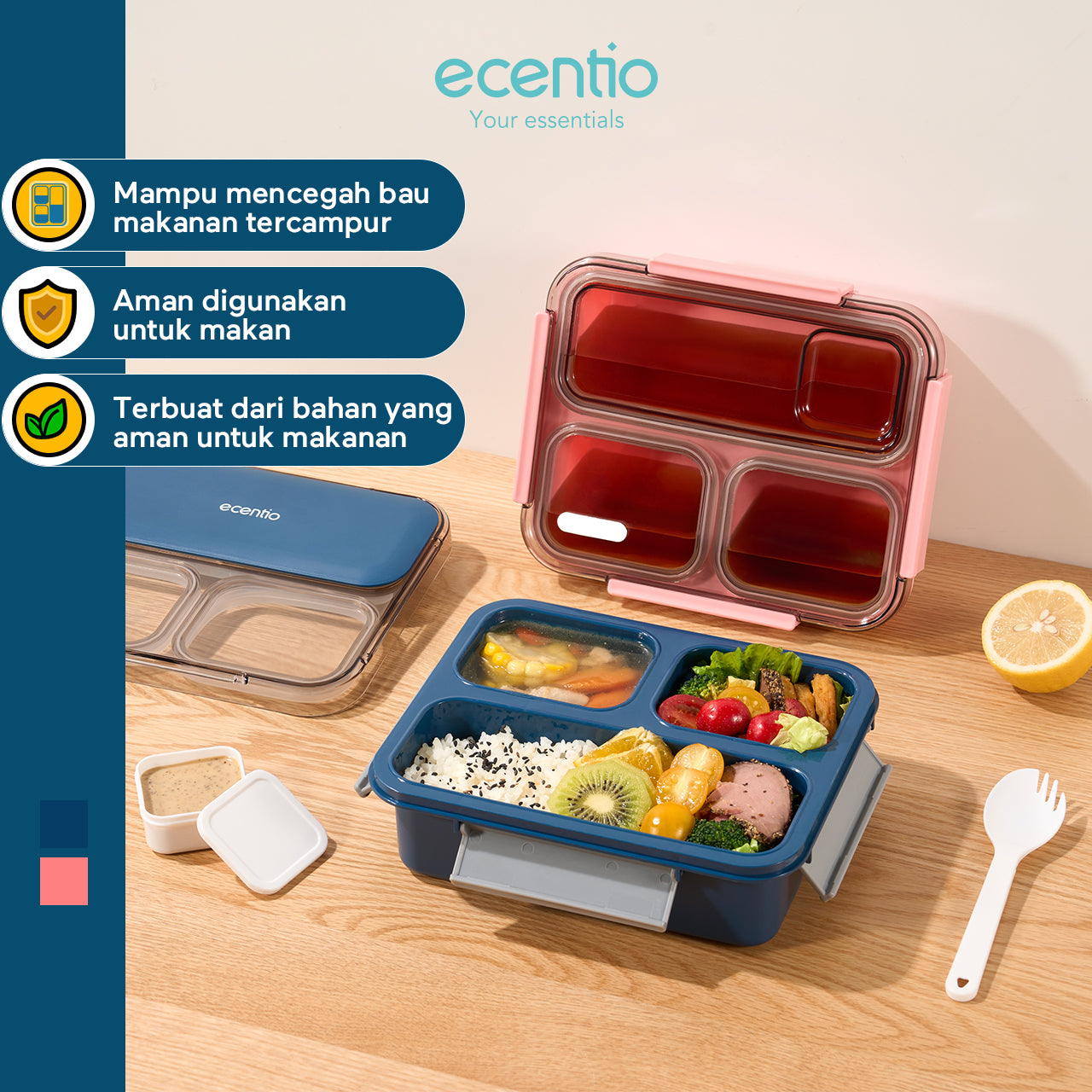 【Anti Tumpah 2.0】ecentio lunch box anti tumpah 1150ml sekat 3 dengan kotak sauce BPA free tempat makan