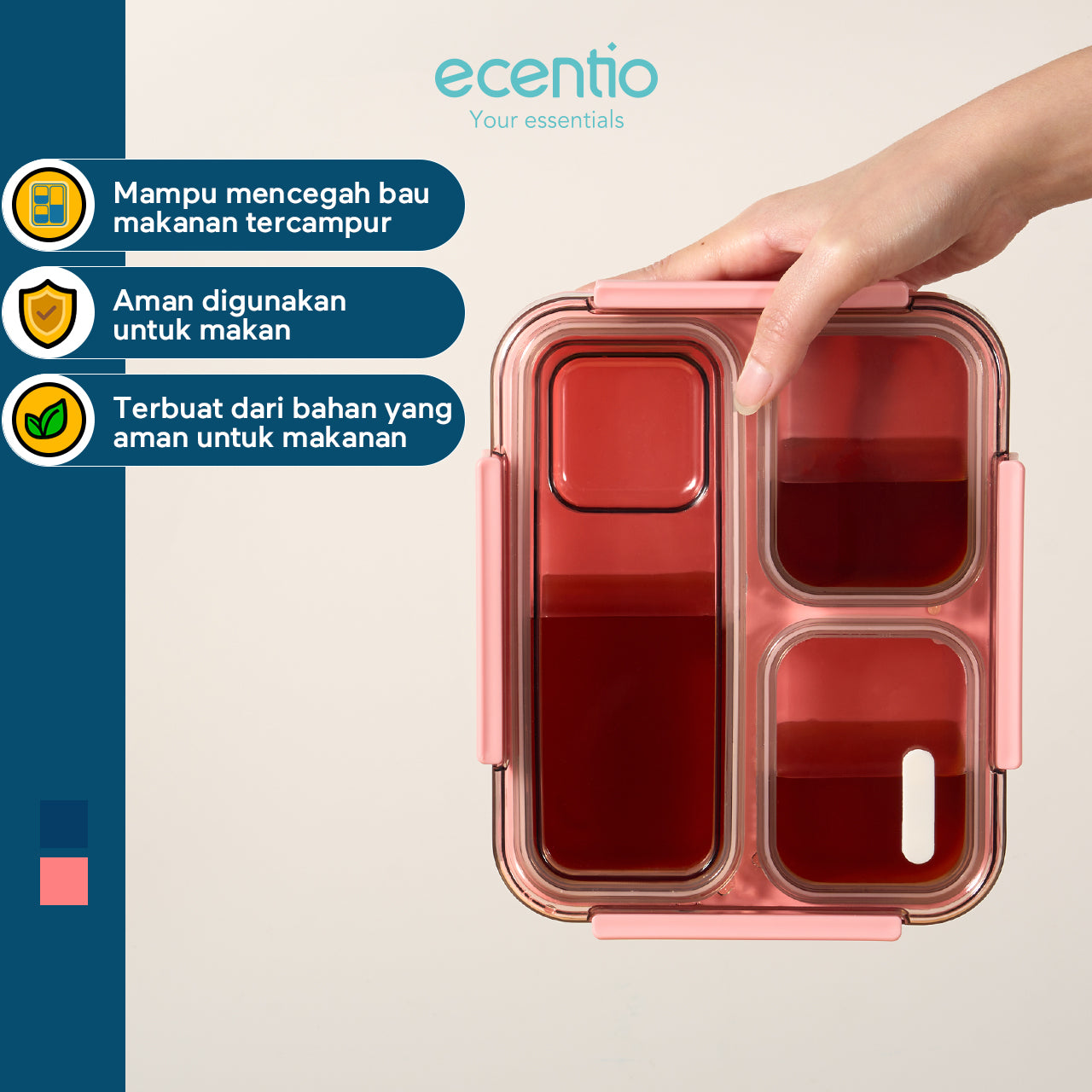 【Anti Tumpah 2.0】ecentio lunch box anti tumpah 1150ml sekat 3 dengan kotak sauce BPA free tempat makan