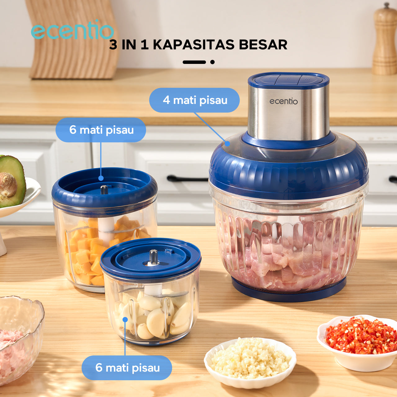 ecentio 3 in 1 kaca Chopper blender 2500ml+800ml+450ml anak multi-fungsi kaca penggiling daging mesin memasak mesin makanan pendamping