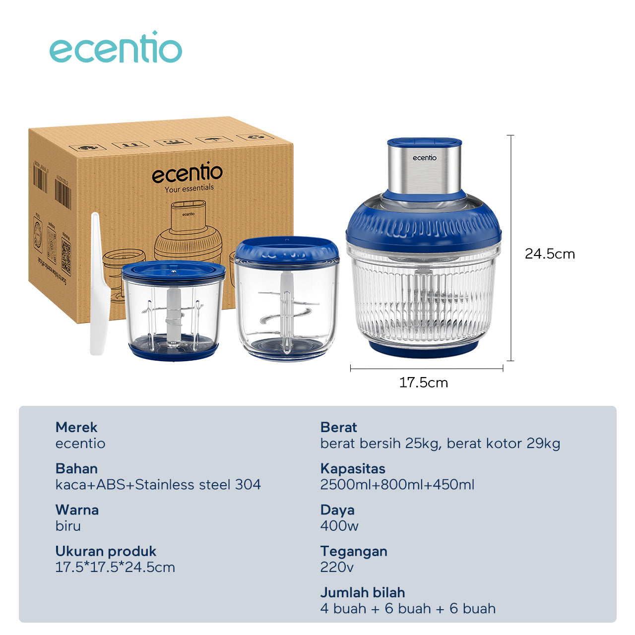 ecentio 3 in 1 kaca Chopper blender 2500ml+800ml+450ml anak multi-fungsi kaca penggiling daging mesin memasak mesin makanan pendamping