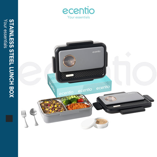 ecentio tempat makan stainless 3 sekat 950ml Kotak Bekal lunch box tahan panas anti bocor hitam abu-abu