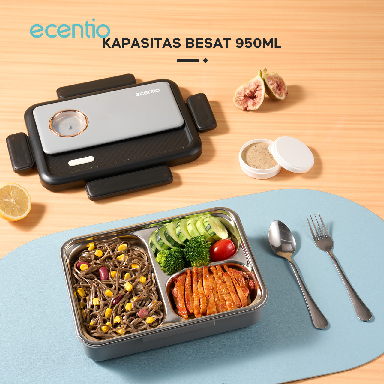 ecentio tempat makan stainless 3 sekat 950ml Kotak Bekal lunch box tahan panas anti bocor hitam abu-abu