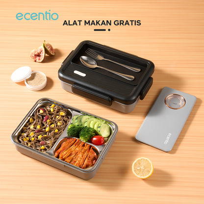 ecentio tempat makan stainless 3 sekat 950ml Kotak Bekal lunch box tahan panas anti bocor hitam abu-abu