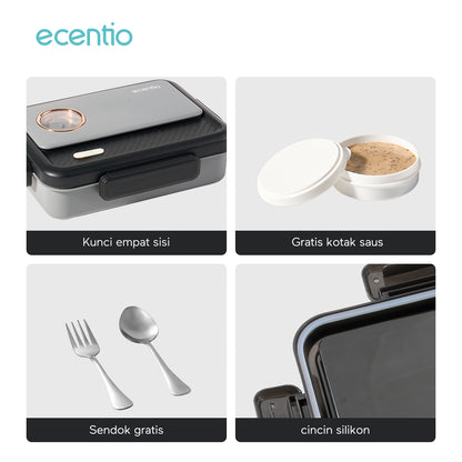 ecentio tempat makan stainless 3 sekat 950ml Kotak Bekal lunch box tahan panas anti bocor hitam abu-abu