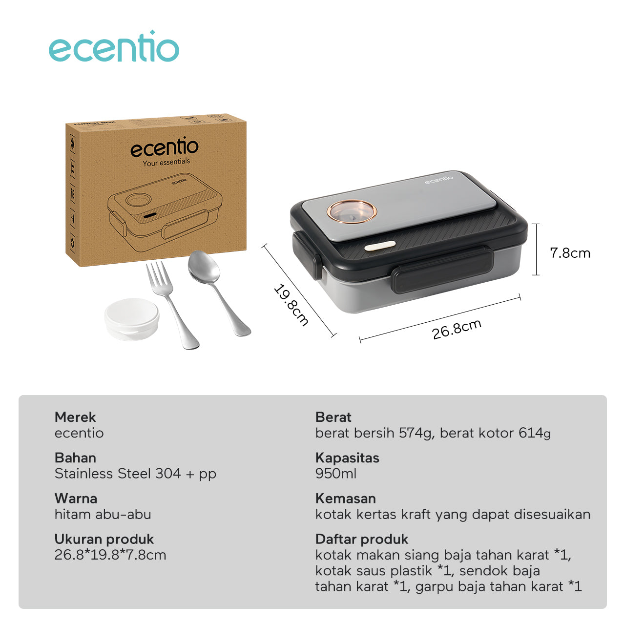 ecentio tempat makan stainless 3 sekat 950ml Kotak Bekal lunch box tahan panas anti bocor hitam abu-abu