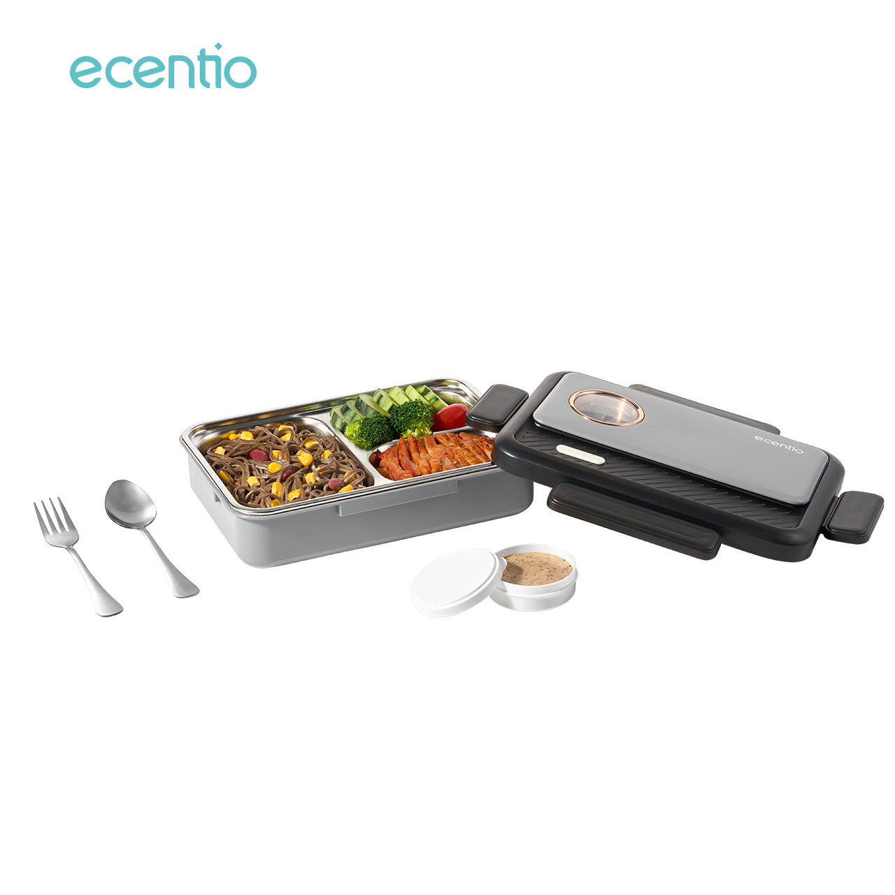 ecentio tempat makan stainless 3 sekat 950ml Kotak Bekal lunch box tahan panas anti bocor hitam abu-abu