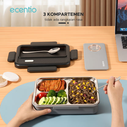 ecentio tempat makan stainless 3 sekat 950ml Kotak Bekal lunch box tahan panas anti bocor hitam abu-abu