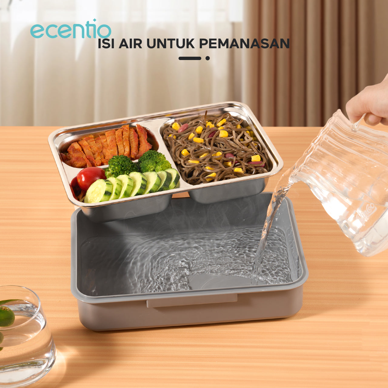 ecentio tempat makan stainless 3 sekat 950ml Kotak Bekal lunch box tahan panas anti bocor hitam abu-abu