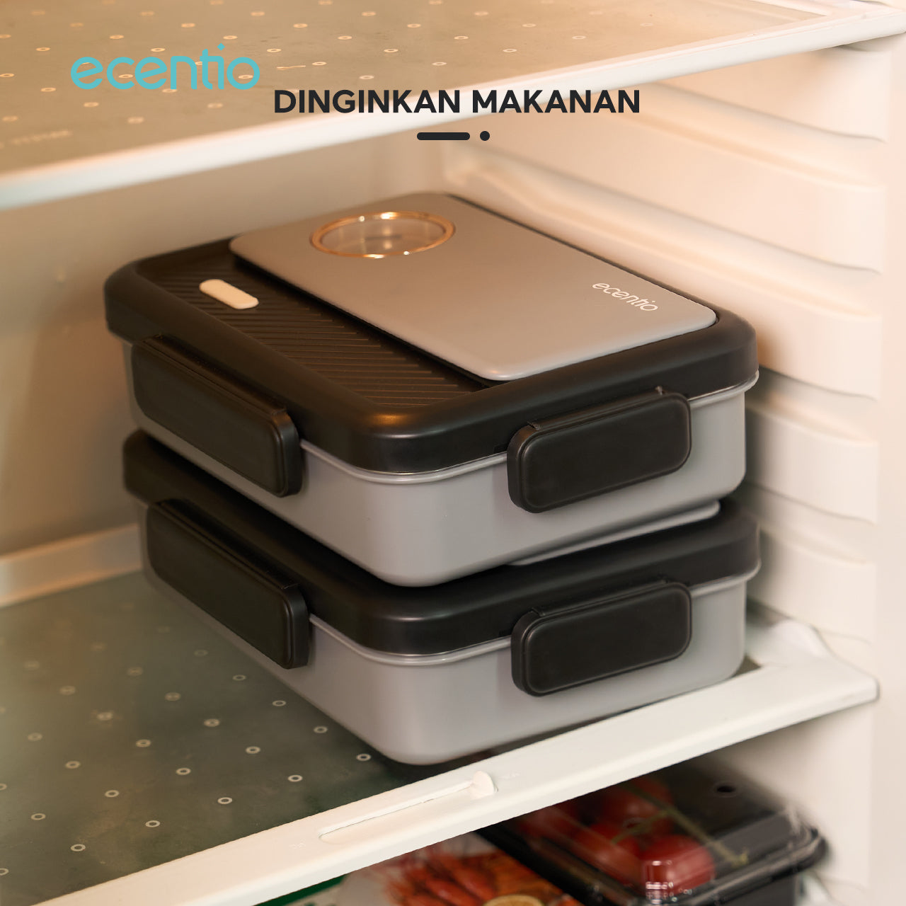 ecentio tempat makan stainless 3 sekat 950ml Kotak Bekal lunch box tahan panas anti bocor hitam abu-abu