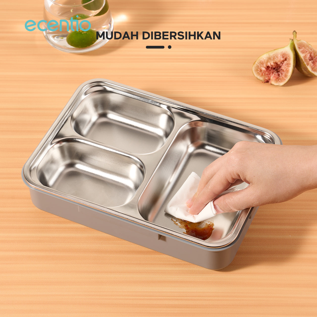 ecentio tempat makan stainless 3 sekat 950ml Kotak Bekal lunch box tahan panas anti bocor hitam abu-abu