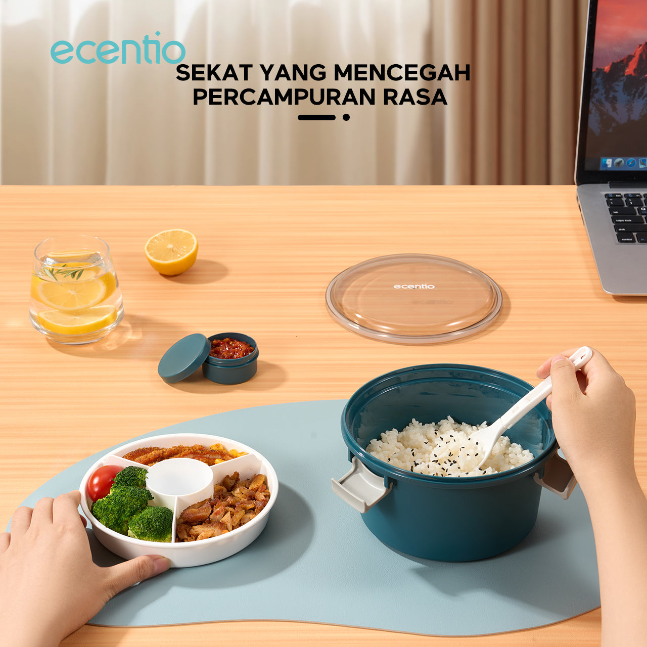 【1.0 anti tumpah】ecentio lunch box anti tumpah BPA free dengan kotak sauce tempat makan