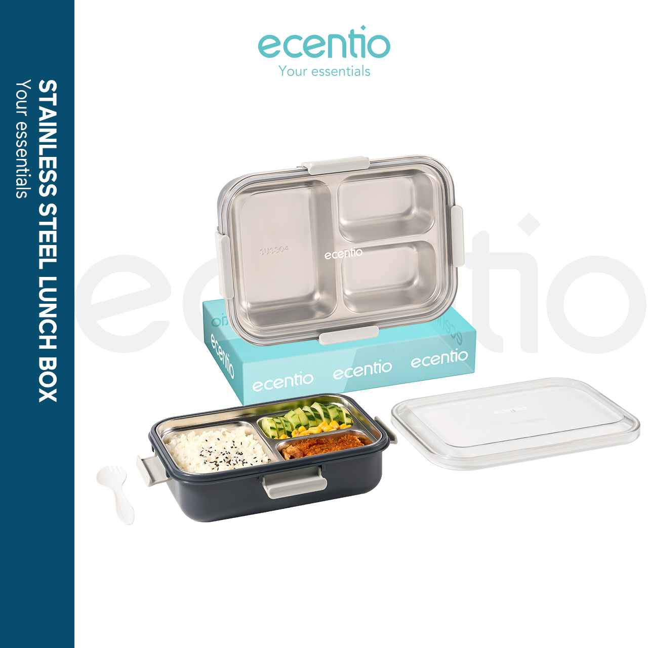 【🌟Pre-Order】【1.0 anti tumpah】ecentio lunch box stainless portable 850ml sekat 3 tempat makan kecil free sendok